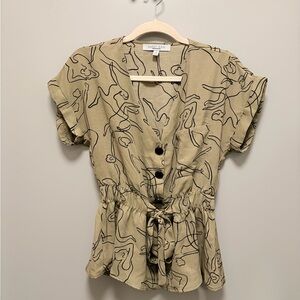 Sweet Rain Olive Drawstring V-Neck Blouse with Black Abstract Lines